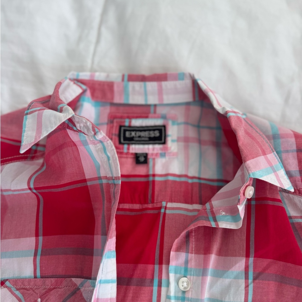 Express Red and Blue Casual Button Down Shirt
